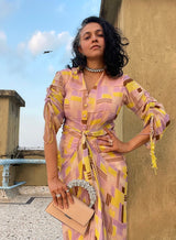 Isha Bhansali in Lemon Yellow Geometric Printed Draped Dress from Magical Wilderness Collection