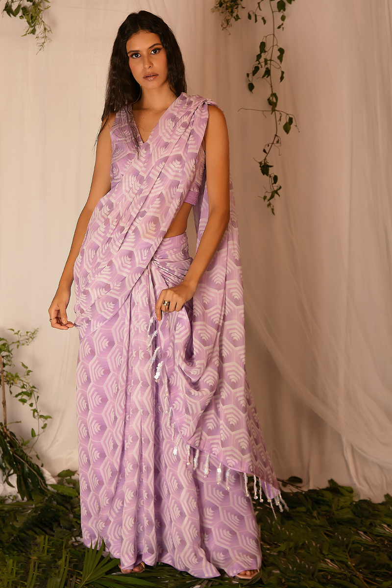 Hand-embroidered Printed Blouse with Draped Saree