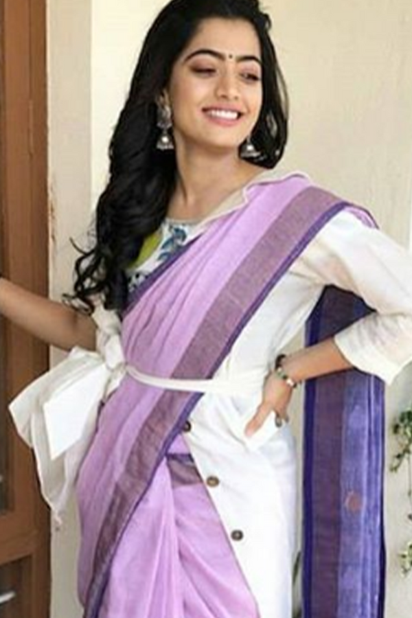 Rashmika Mandanna In Linen Sari and Madhubani Blouse