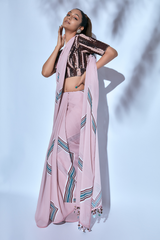 Printed Sari paired with Hand-embroidered Brown and Pink Blouse