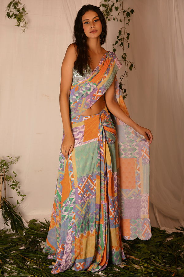 Holographic Hand-embroidered Blouse with Printed Draped Saree