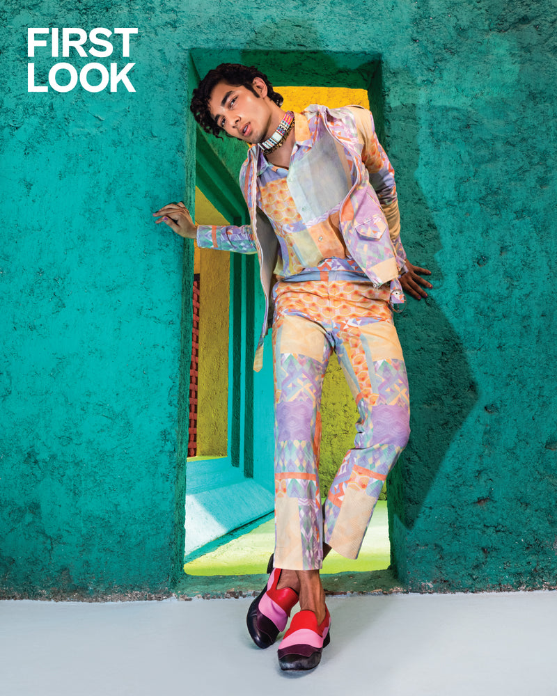 First Look Magazine Shoot in Retro-Spection Collection's Multi Geo Printed Denim Co-ord Set and Multi Geo Printed Shirt