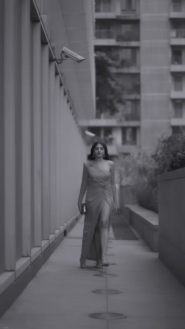 Aashna Shroff in Lilac One Shoulder Hand Embroidered Draped Dress from Magical Wilderness Collection