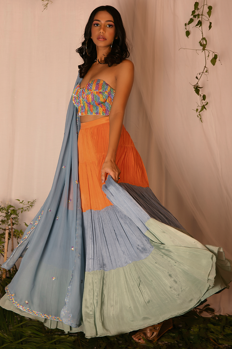 Hand-embroidered Bustier with Tiered Lehenga and Hand-embroidered Dupatta