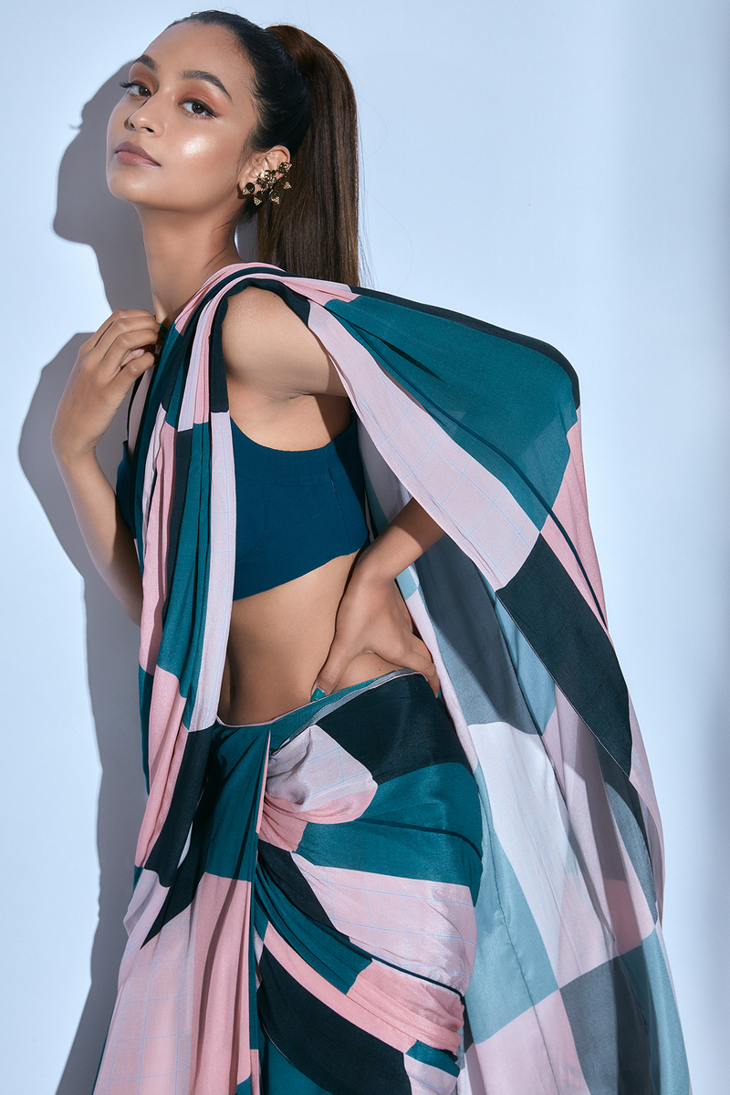 Teal Blouse with Printed Drape Sari