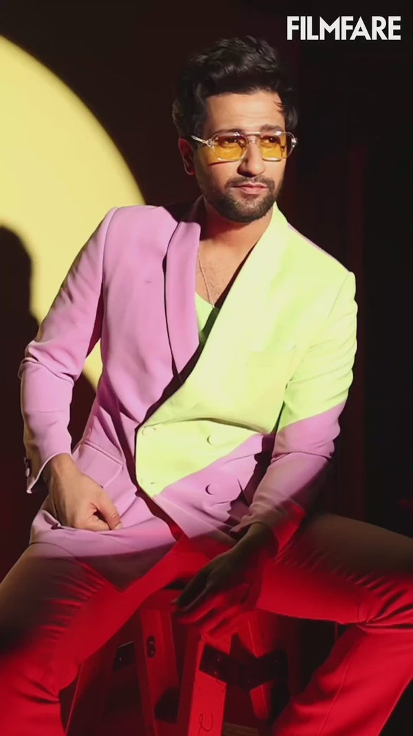 Vicky Kaushal in our Lilac and Lime Green Colour Block Blazer and Lilac Straight Fit Pants from Magical Wilderness Collection