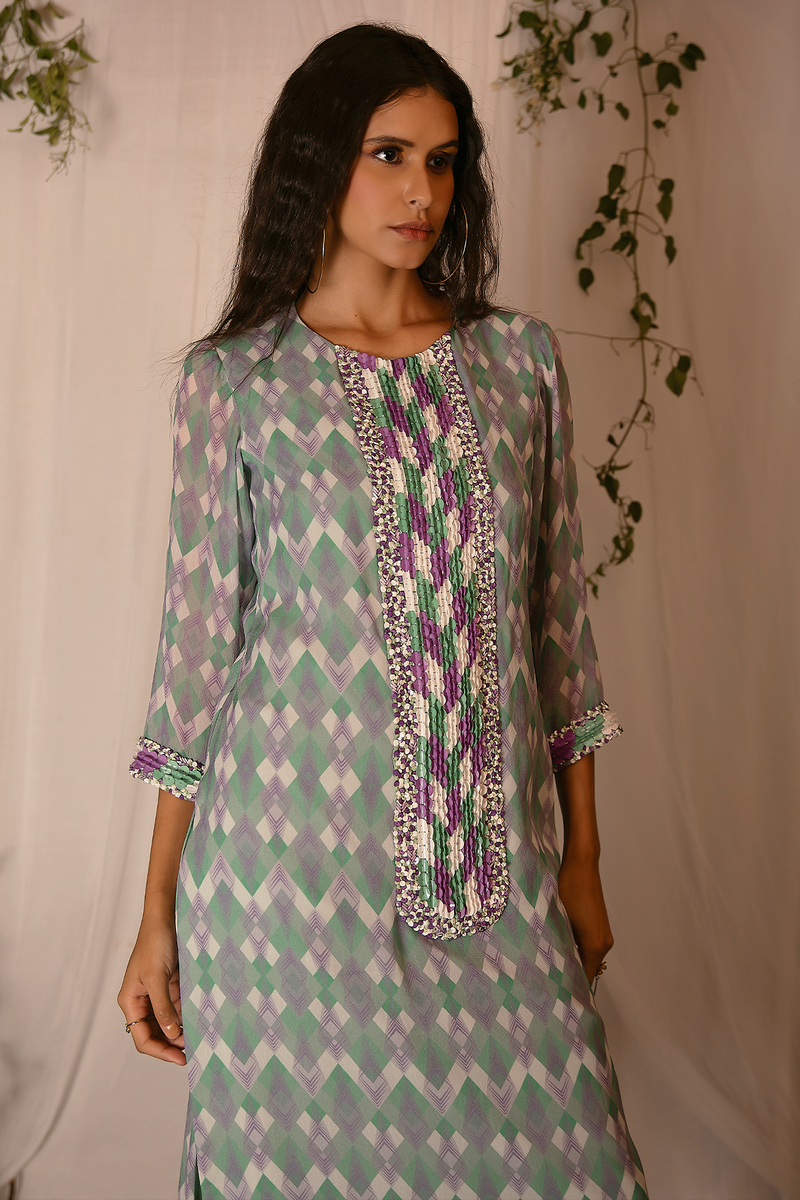 Hand-embroidered Printed Kurta paired with Pants