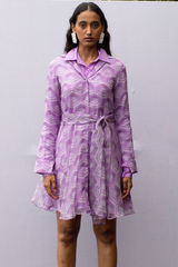 Lavender Geometric Organza Flared Shirt Dress