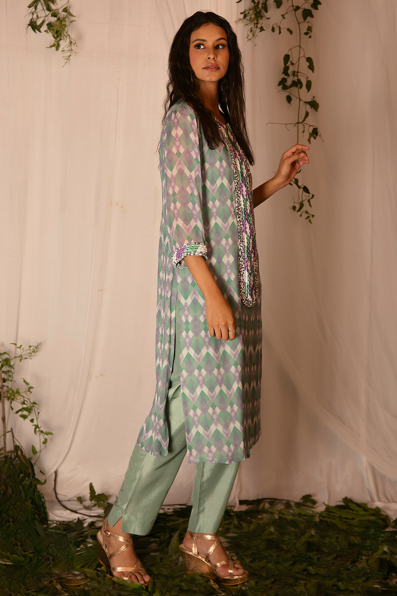 Hand-embroidered Printed Kurta paired with Pants