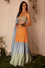 Tie-up Hand-embroidered Blouse with Lehenga and Hand-embroidered Dupatta