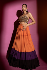 Colour Block Lehenga with Embroidered Blouse and Dupatta