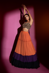 Colour Block Lehenga with Embroidered Blouse and Dupatta