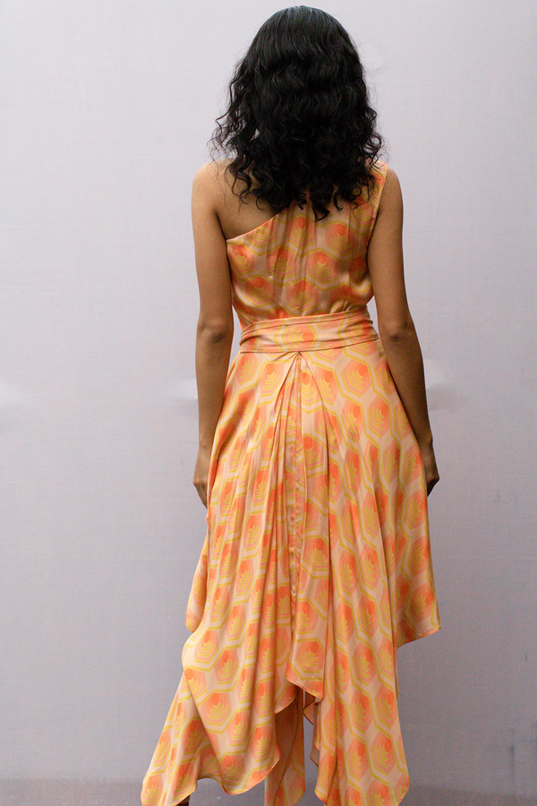 Geometric Printed Satin Drape Dress