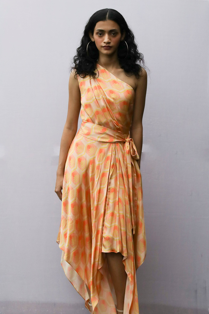 Geometric Printed Satin Drape Dress