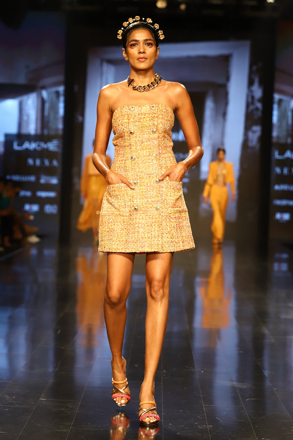 Yellow Tweed Mini Dress with Sequin Highlights