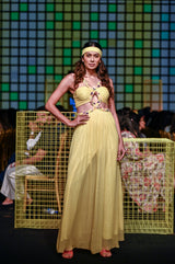 Lemon Yellow Draped Gown with Hand Embroidered Neckline and Centre Slit