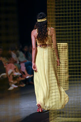 Lemon Yellow Draped Gown with Hand Embroidered Neckline and Centre Slit