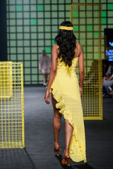 Lemon Yellow Cutout Asymmetrical Dress with attached Hand Embroidered Tassels