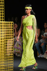 Lime Green Draped One Shoulder Cutout Dress with Hand Embroidered Tassel Fringe