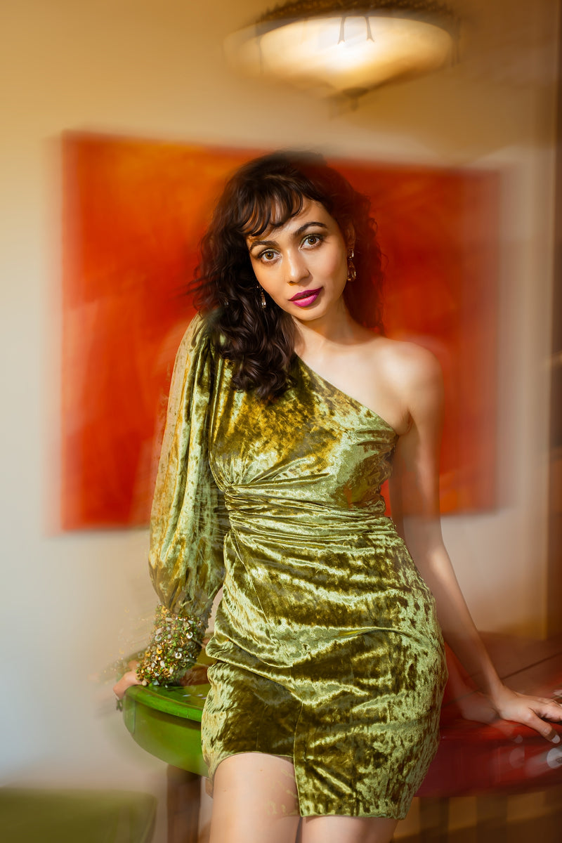 Meghana Kaushik in our Green Drape Dress with embroidered cuff from Caged Kalidoscope Collection