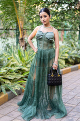 Debashree Biswas in our Green Organza Corset Dress from Ancienne Collection