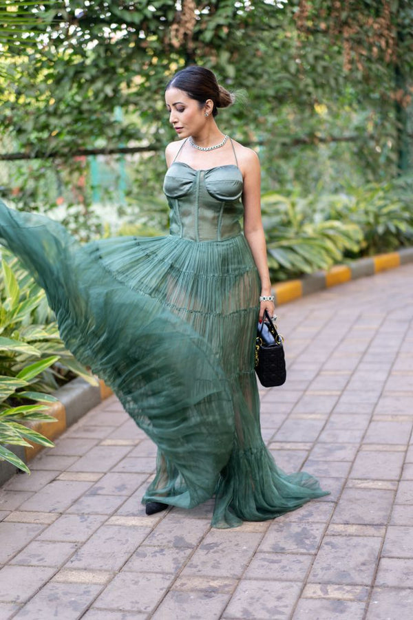 Debashree Biswas in our Green Organza Corset Dress from Ancienne Collection