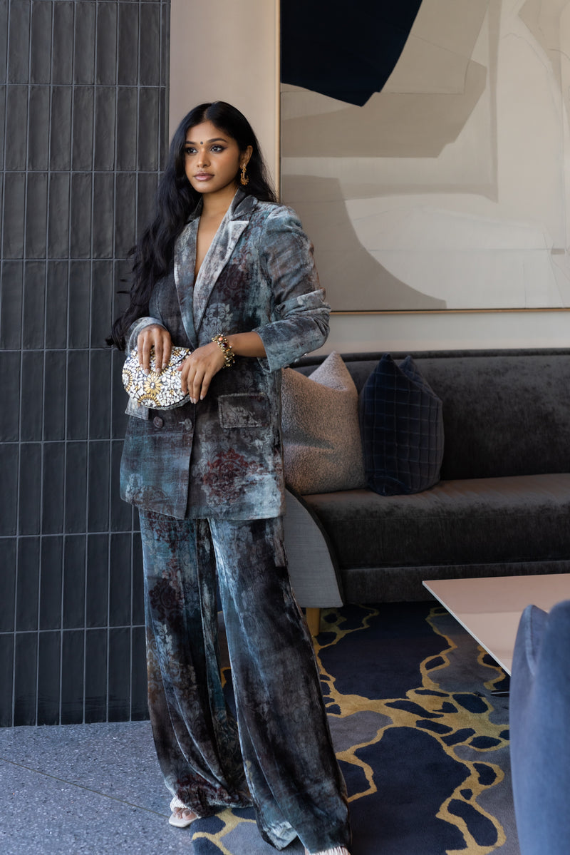 Sruthi Jaidevi in Our Velvet Printed Oversized Blazer Set with Cording Bralet from Ancienne Collection