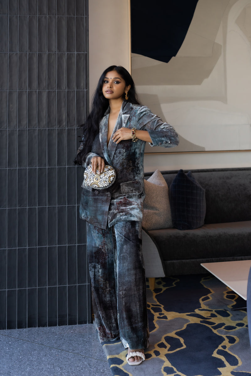 Sruthi Jaidevi in Our Velvet Printed Oversized Blazer Set with Cording Bralet from Ancienne Collection