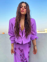 Shreen Sikka in our Lilac Embroidered Dress with Silt Paired with lilac Crop Blazer from Magical Wilderness Collection