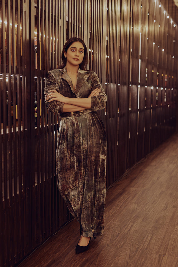 Regina Cassandra in Nirmooha's Printed Velvet Crop Blazer and Printed Velvet Pleated Pants from the Ancienne Collection