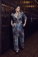 Regina Cassandra in Nirmooha's Printed Velvet Crop Blazer and Printed Velvet Pleated Pants from the Ancienne Collection