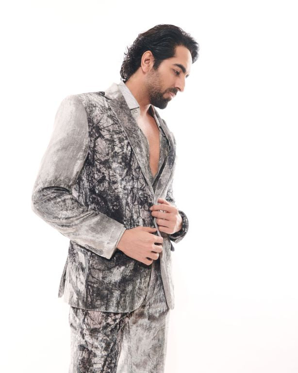 Ayushman Khurana in Our Forest Printed Velvet Blazer, Forest Printed Velvet Pants and Lurex Printed Shirt from Our Matrix Collection
