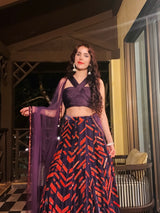 Jasleen Sabrawal in our Violet corded blouse with printed velvet Lehenga and Violet dupatta from Caged Kaleidoscope Collection
