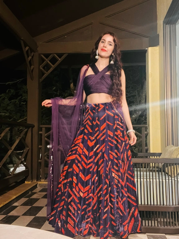 Jasleen Sabrawal in our Violet corded blouse with printed velvet Lehenga and Violet dupatta from Caged Kaleidoscope Collection