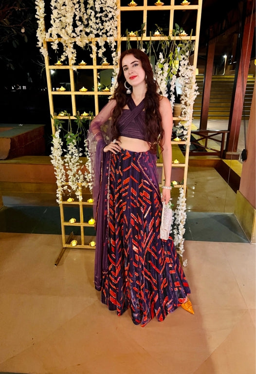 Jasleen Sabrawal in our Violet corded blouse with printed velvet Lehenga and Violet dupatta from Caged Kaleidoscope Collection