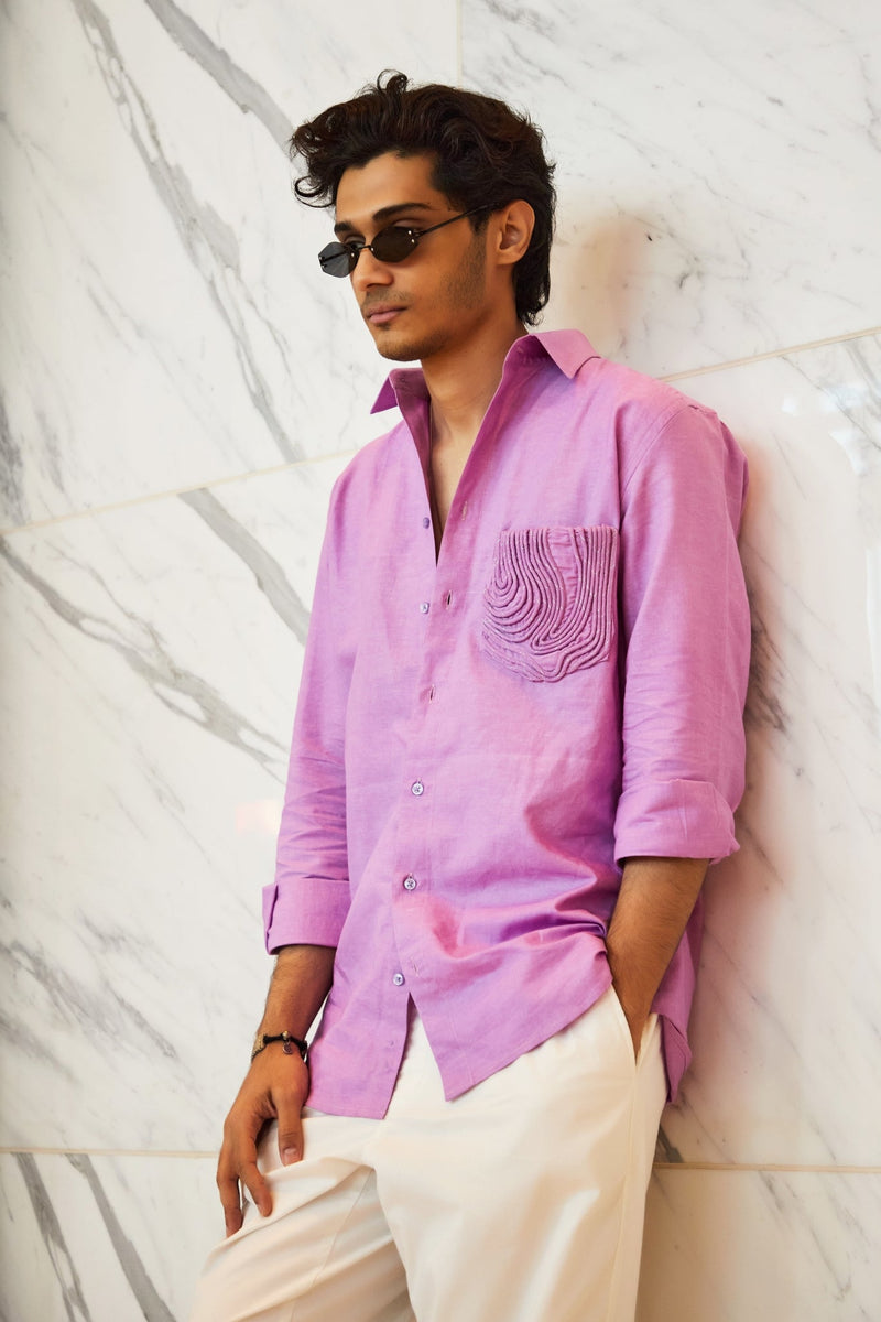 Usamaah Siddiqui in Our Lilac Linen Shirt with Cording Pocket detailing from Magical Wilderness Collection