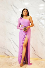Lilac One Shoulder Hand Embroidered Draped Dress