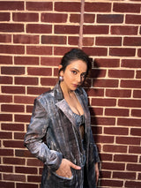 Rakul Preet in Nirmooha's Printed Velvet Oversized Blazer With Printed Velvet Pants and Printed Chiffon Cording Bralet From The Ancienne Collection