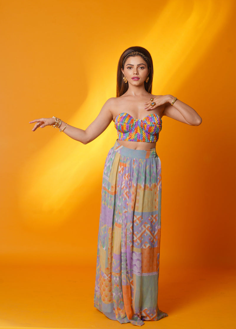 Rubina Dilaik in Nirmooha's Handcrafted Sequin Embroidered Bustier with Multi-Geo Gathered Maxi-Skirt with Handcrafted Sequin Belt from our Retro-Spection Collection