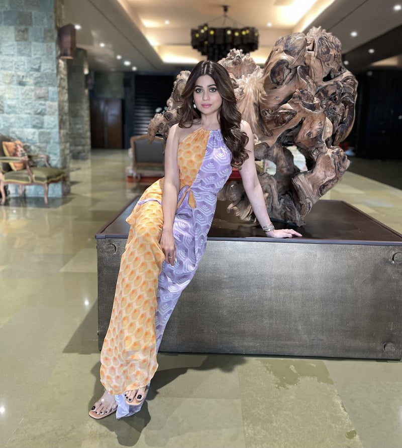 Shamita Shetty in Nirmooha Halter Half And Half Printed Jumpsuit from Retro-Spection Collection