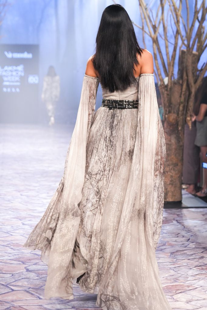 Printed Off-Shoulder Gown With Cape Sleeves