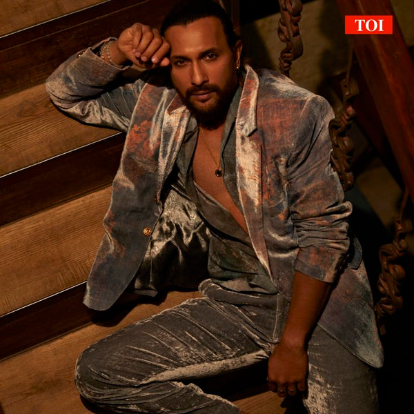 Terence Lewis in Nirmooha's Grey Velvet Printed Blazer with Grey Velvet Pants and Printed Chiffon Shirt  from the Ancienne Collection