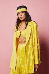 Lemon Yellow Oversized Blazer with Hand embroidered Tassels Fringes