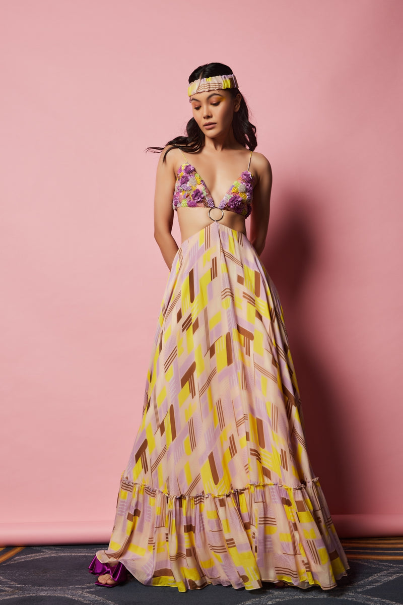 Geometric Printed and Hand-Embroidered Maxi with Centre Ring detailing