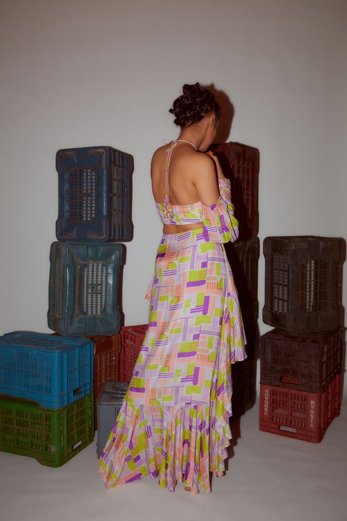 Geometric Printed Asymmetrical Skirt with ruffles
