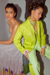 Lime Green Denim Jacket with Printed Back-Yoke and Rivet Detailing