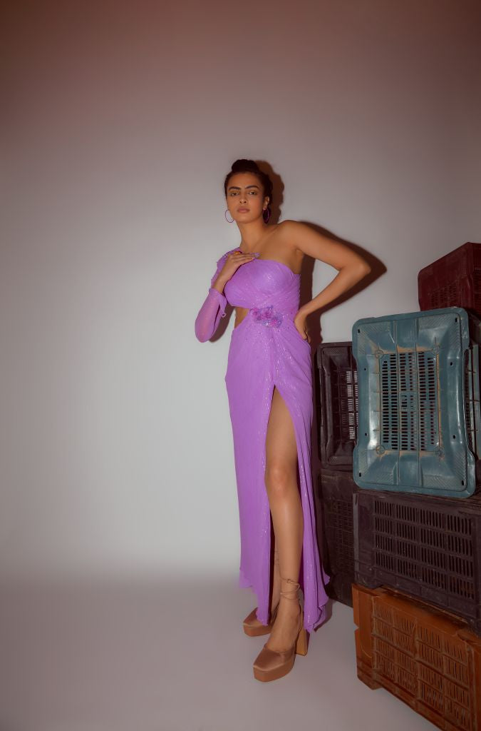 Lilac One Shoulder Hand Embroidered Draped Dress