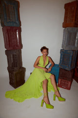 Lime Green Asymmetrical Ruffle Dress with Side Cutout detailing and Hand Embroidered Tassels