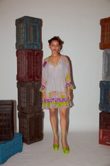 Geometric Printed Tiered Short Dress with Hand Embriodered Tassels and Slip