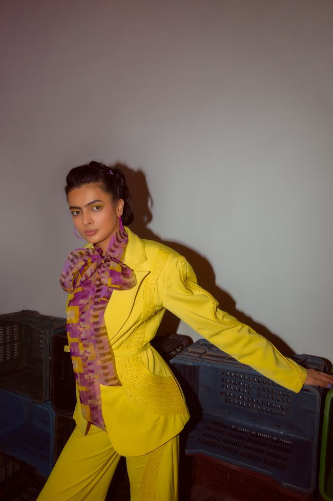 Lemon Yellow Blazer with Cording Detailing Paired with Belt